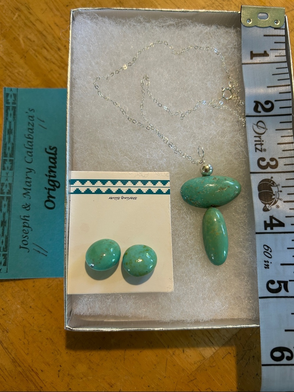 Real Turquoise Necklace & Earrings Santo Domingo Pueblo NM 18” Silver Chain NWOT